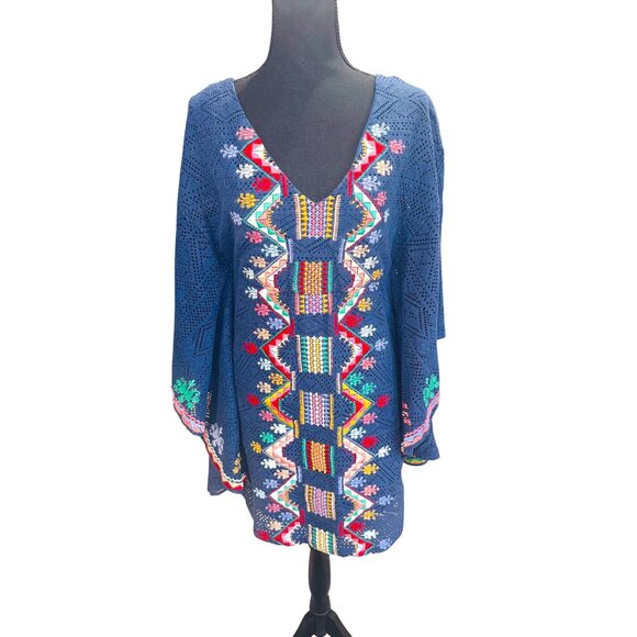 Judith March Boho Hippie Embroidered V-Neck Dress S Navy Bat Wing Sleeves Mini - Picture 1 of 10